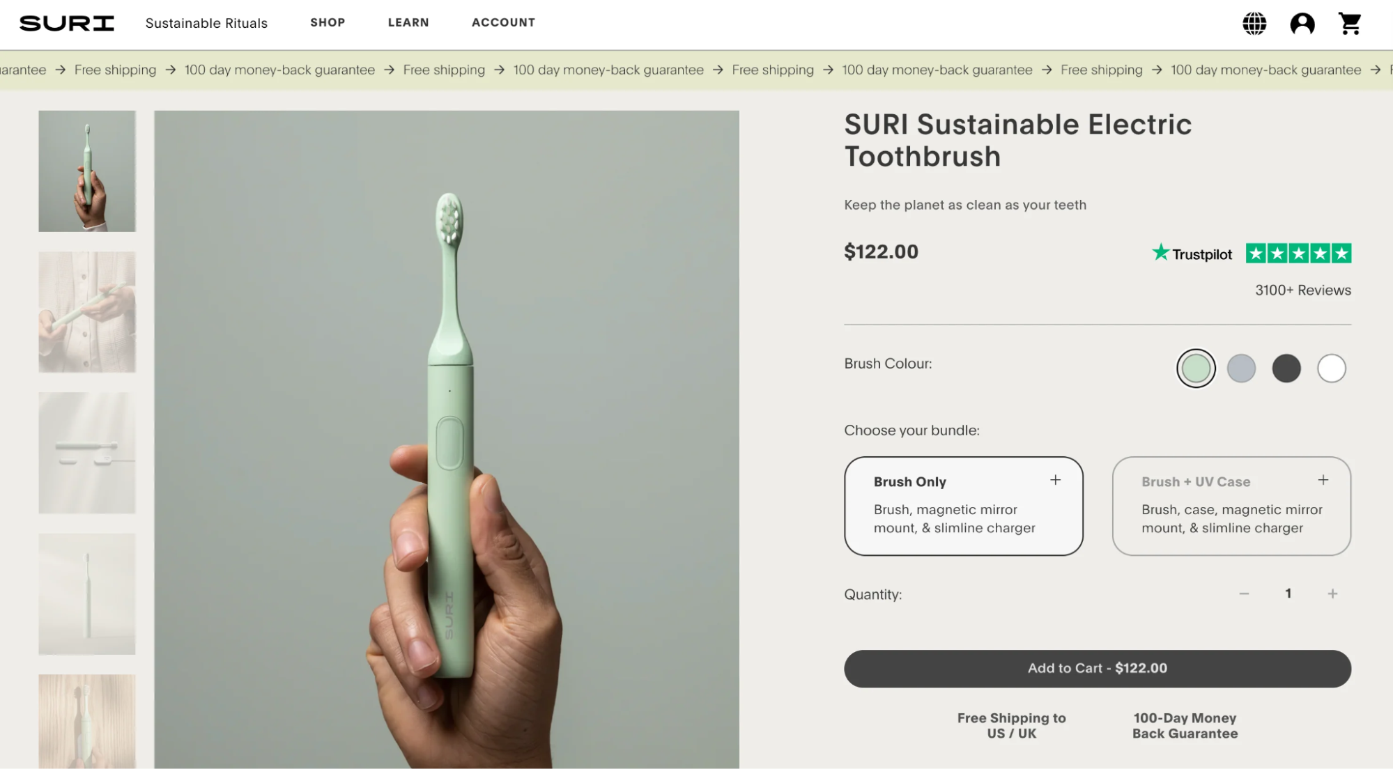 Suri toothbrush product page with prominent Add to Cart3 CTA, color options, reviews, and bundle choices.