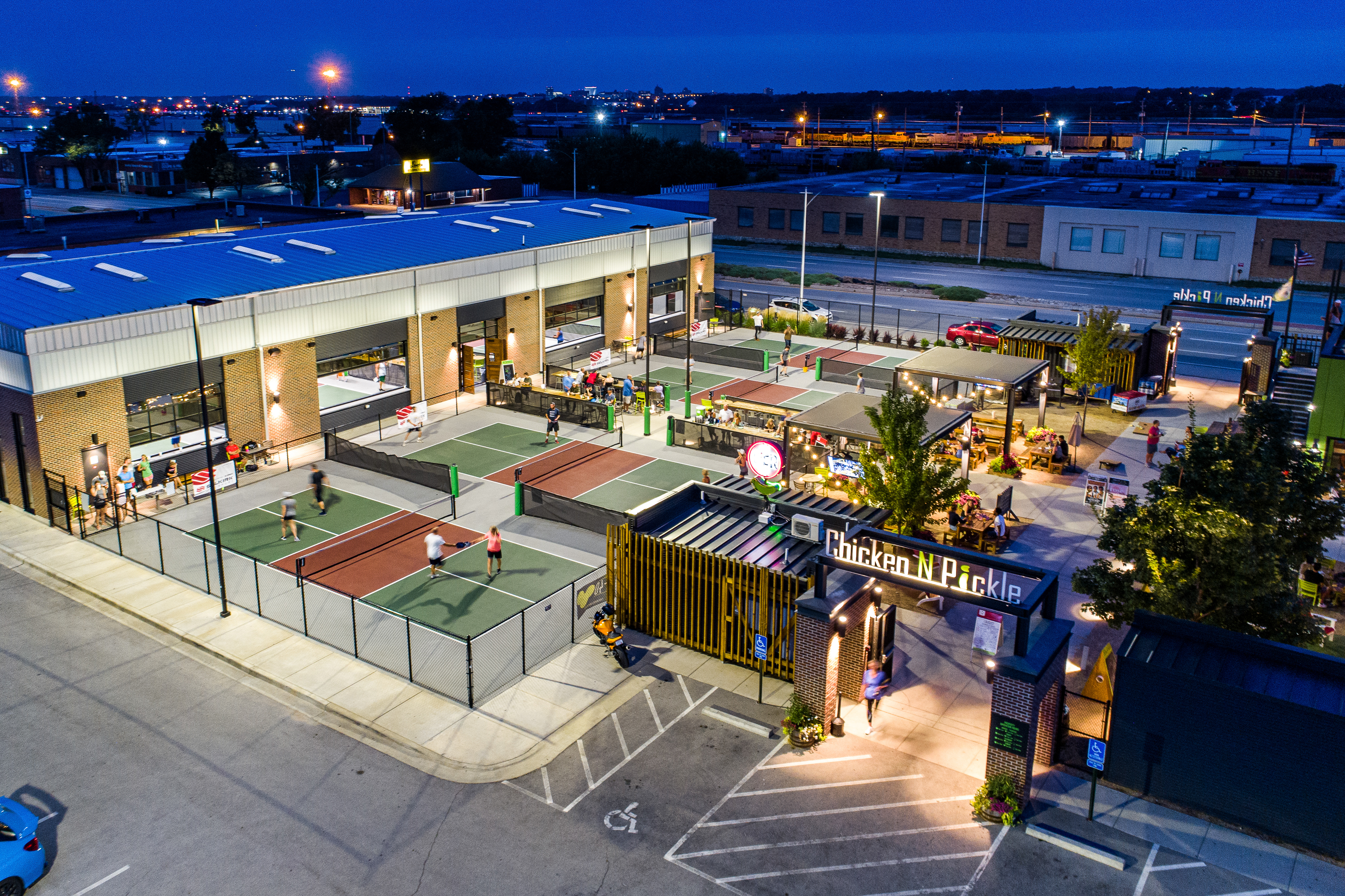 An overhead shot of pickleball courts.