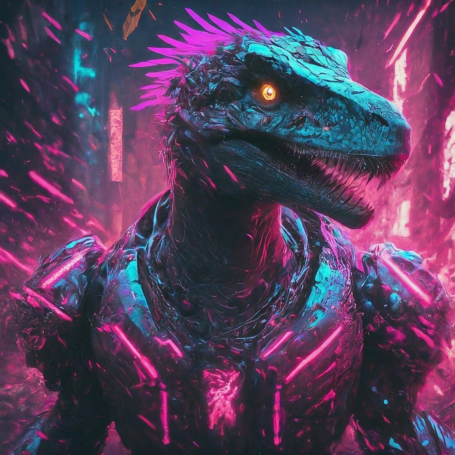 A portrait of a raptor with glowing eyes, pink hair and neon armor.