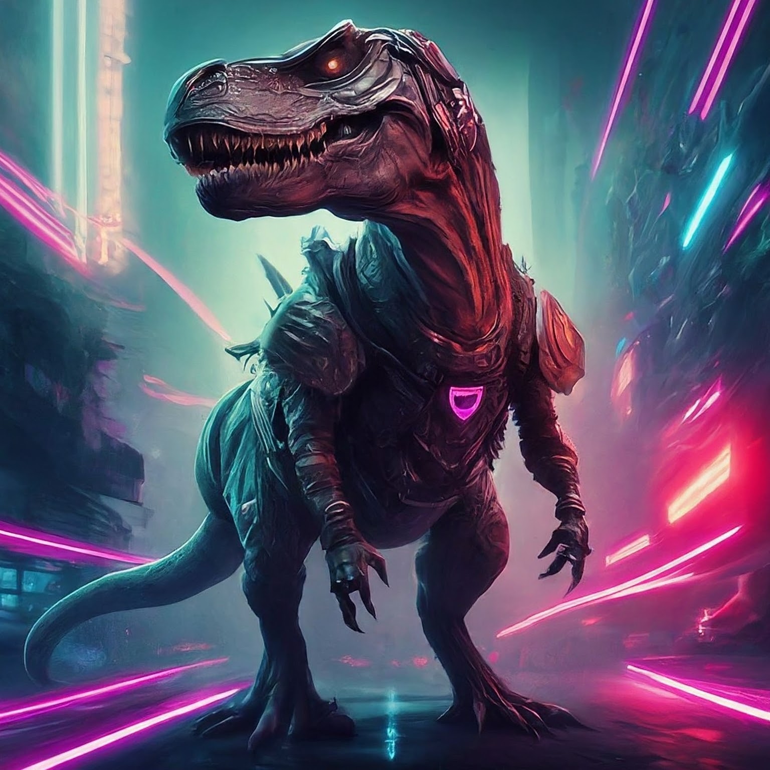 A portrait of a T-Rex with glowing eyes and armor, surrounded by neon streaks of light.