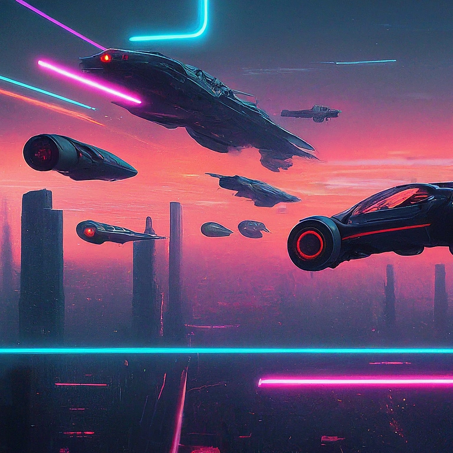 An airborn cityscape with flying cars and neon lights