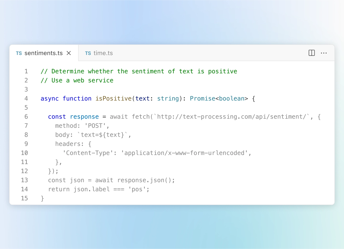 Code editor showing a TypeScript file sentiments.ts. It defines an isPositive function that determines if a text sentiment is positive by calling an external API. Copilot completions is suggesting how to complete the implementation.