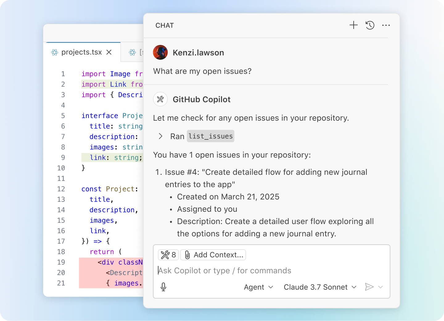 VS Code window showing a code editor with projects.tsx open, alongside a Copilot Edits panel. The chat discusses modifications to make each project a link and add dynamic pages. Two files, projects.tsx and [slug].tsx, are in the working set, with GitHub Copilot suggesting edits.