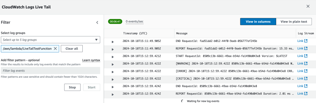 Active Live Tail session showing logs for the CloudWatch log group associated with the Lambda function.