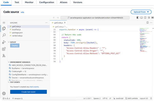 Viewing function code in the Lambda Code Editor