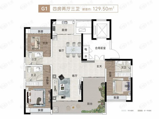 福天星中心建面约129.5平米户型户型图