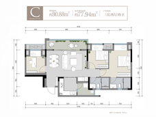 中国铁建山语桃源C户型三室两厅两卫，约6m宽幕观景阳台户型图