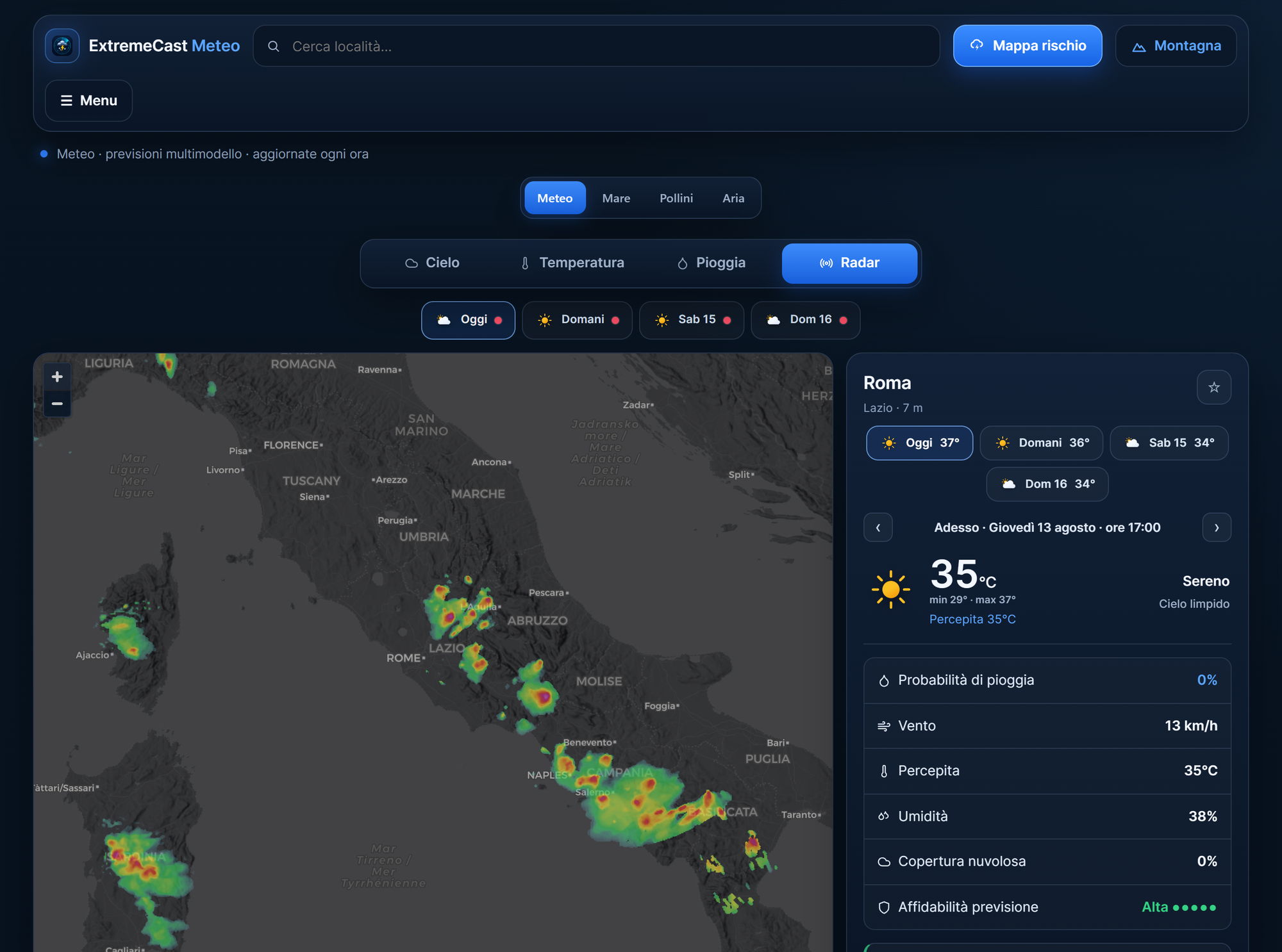 Layer Radar del Meteo ExtremeCast: gli echi delle precipitazioni osservate sull'Italia