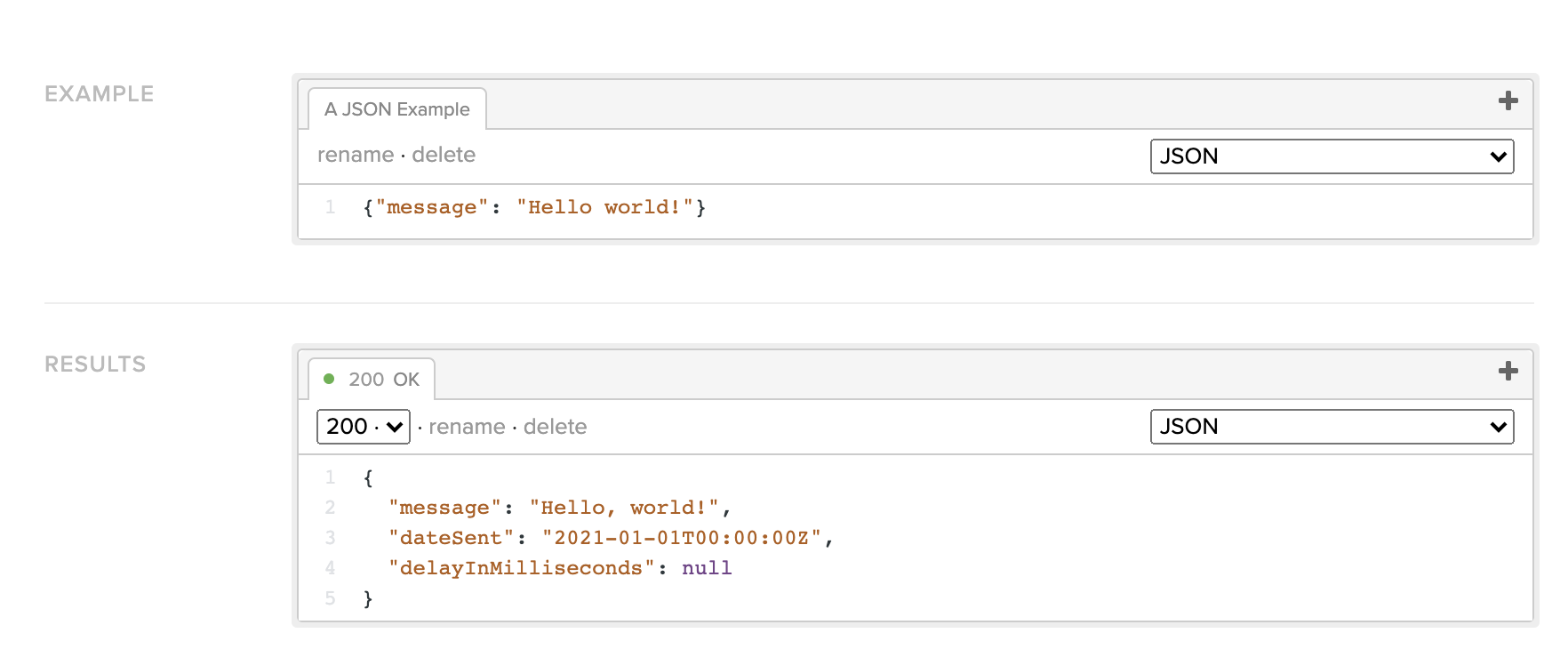 A request example (defined in the **Example** field), and a response example (defined in the **Results** field). Both defined in JSON! You love to see it.