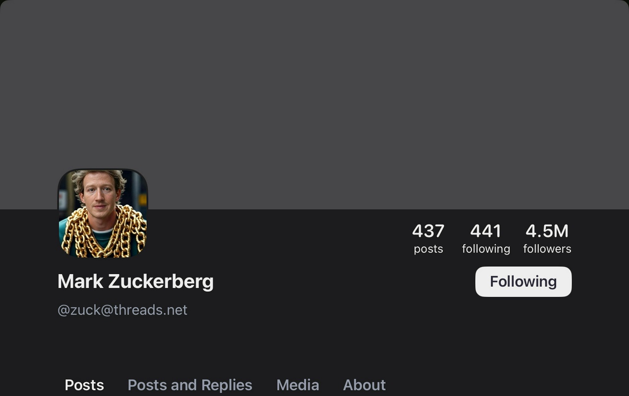 Mark Zuckerberg’s Threads profile as viewed within the Mastodon app.