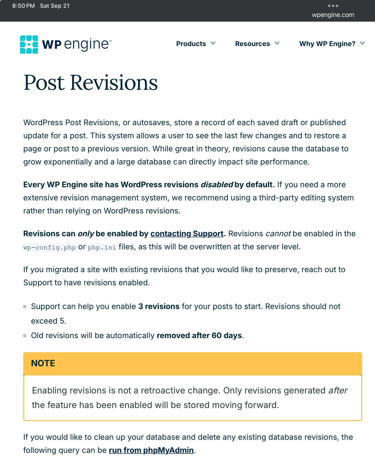 WP Engine screenshot explaining why they do not allow revisions in WordPress