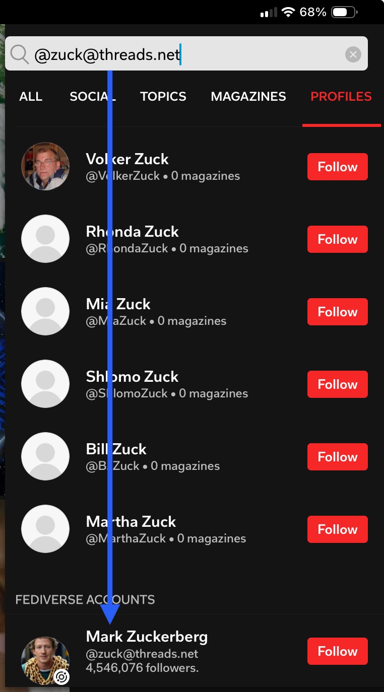 Mark Zuckerberg’s Threads profile as viewed within Flipboard.