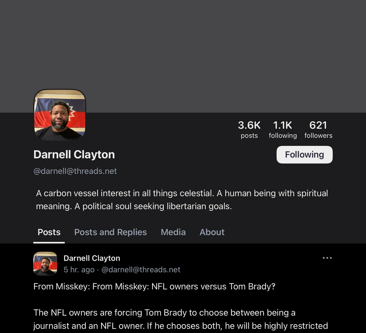 Darnell Clayton’s Threads profile as viewed within the Mastodon App