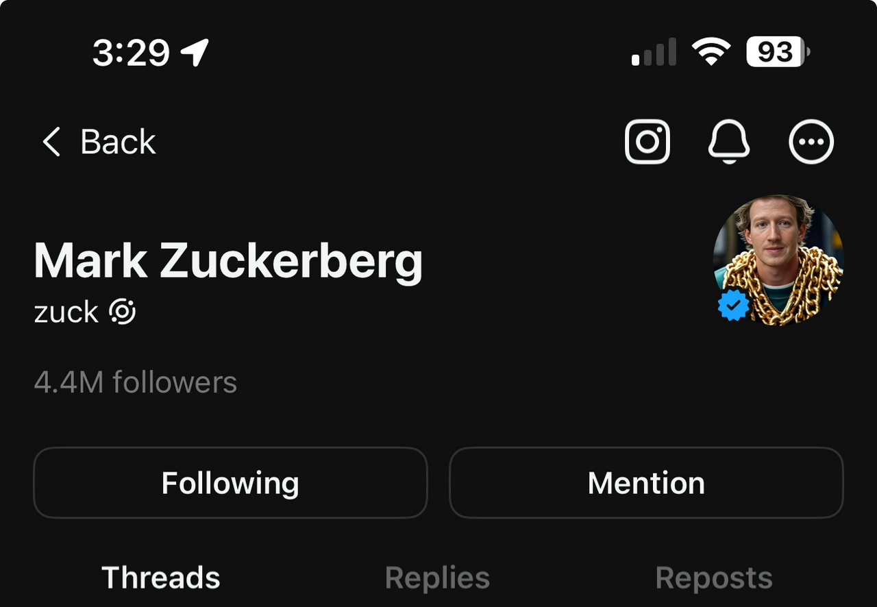 Mark Zuckerberg’s Threads profile