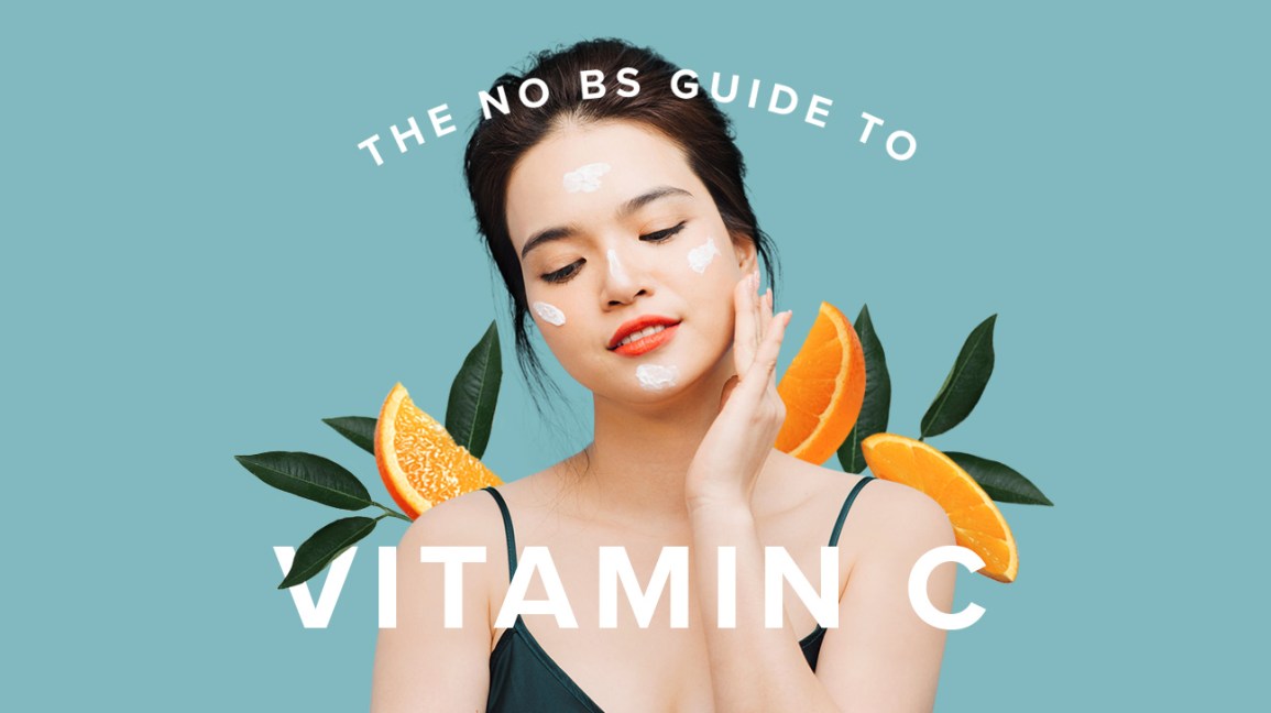 A collage with a woman putting on skin care products with orange slices in the background