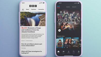 Two smartphones displaying BBC app interfaces