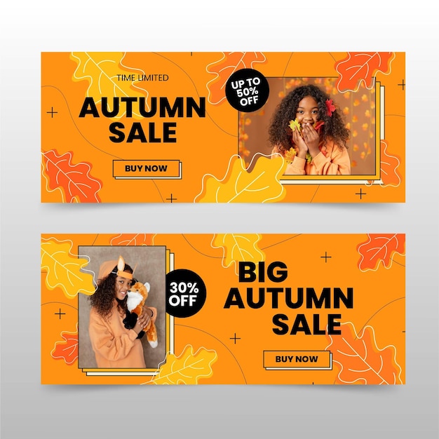 Flat autumn sale banners set with photo