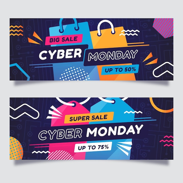 Flat cyber monday horizontal sale banners set