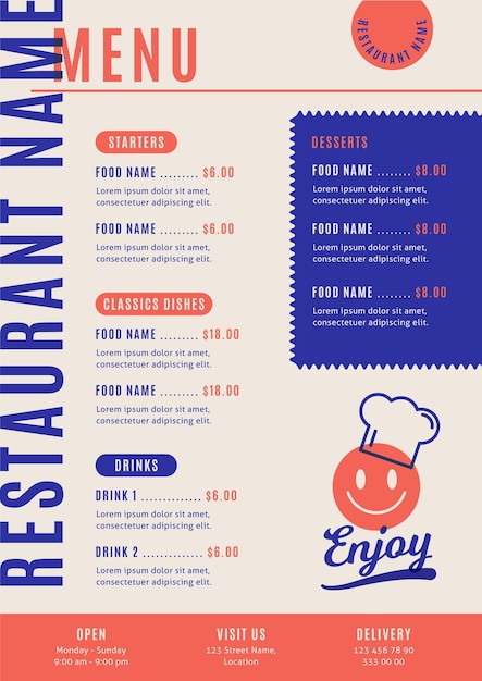 Illustrated menu for restaurant in vertical format