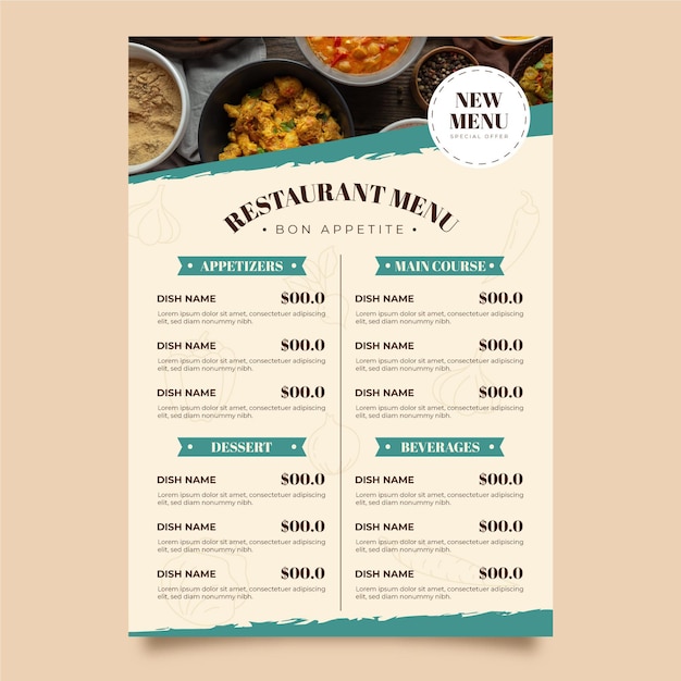 Organic flat rustic restaurant vertical menu template with photo