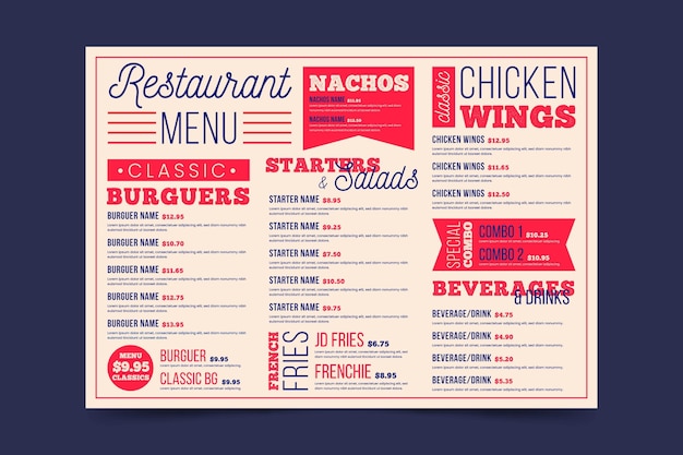 Retro digital restaurant menu horizontal format template