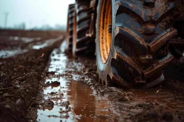 Tractors Powerful Presence Imprinted On Muddy Terrain Striking Symmetrical Photo With Copy Space