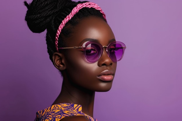 Trendy African Girl In Cool Pink Glasses Poses Against Purple Studio Background