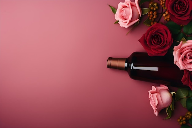 WineThemed Romantic Template with Roses Bottle and Copy Space on Pink Background Concept Romantic Photoshoot Wine Theme Roses Copy Space Pink Background