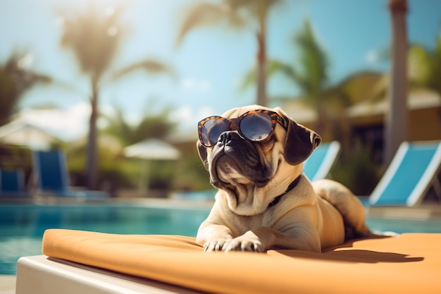 Dog wearing sunglasses lounges by pool enjoying a stylish and chill moment Concept Pets Sunglasses Poolside Relaxing Stylish