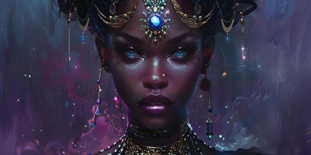 Exquisite portrait of an elegant black woman adorned with a celestial headpiece and majestic necklace Concept Celestial Beauty Majestic Adornments Black Elegance Ethereal Portrait