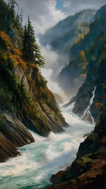 a painting of a waterfall with trees on the right side