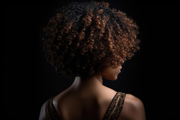 Short Brunette Afro Curls Rear View On Black Background Generative AI