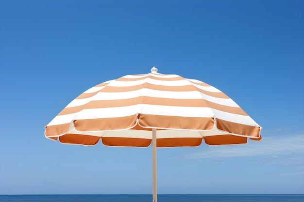 Striped beige beach umbrella under a blue sky Concept Beach Umbrella Blue Sky Striped Design Sunny Day Outdoor Decor