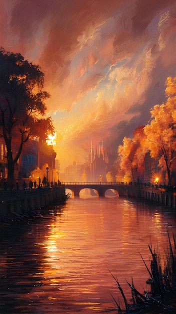 a sunset over a river with a bridge and trees