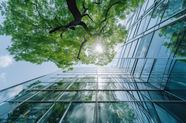 Sustainable Glass Office Building With Tree Promoting An Ecofriendly Environment