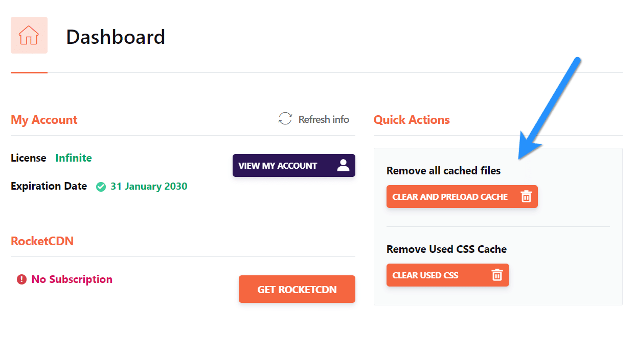 WP Rocketの設定ページでWordPressのキャッシュをクリア