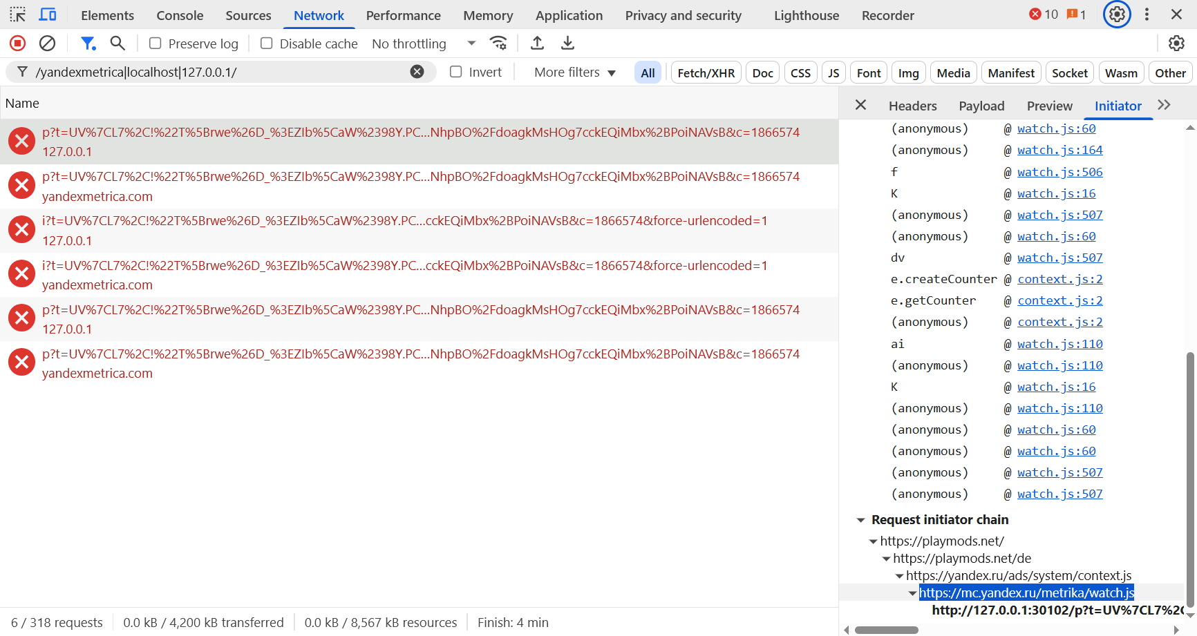 Yandex Metrica sending localhost requests