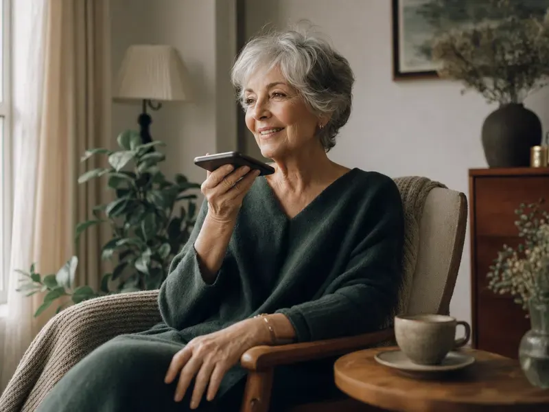 An older woman smiling as she tells a story into her phone