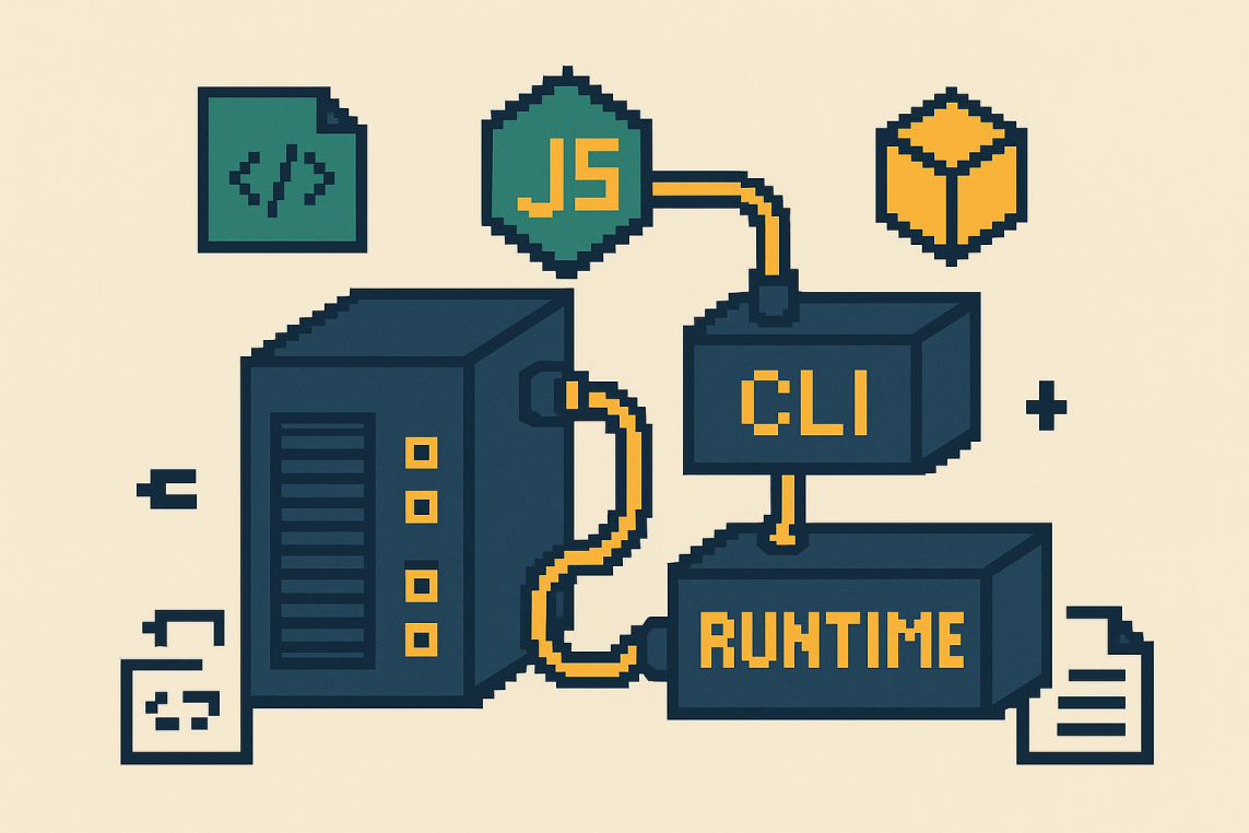 The image shows a network of geometric blocks connected by wires, symbolizing a modular 2D server in retro 8-bit style. One block is marked with a "runtime" symbol and another with a "CLI" symbol, each featuring plug-in style ports. Flexible wire connections link a Node.js logo to these blocks. Surrounding the central setup are minimalist icons that represent code, packages, and script files. The design uses five bold corporate colors, maintains flat and iconic visuals, and has a neutral, wordless background.