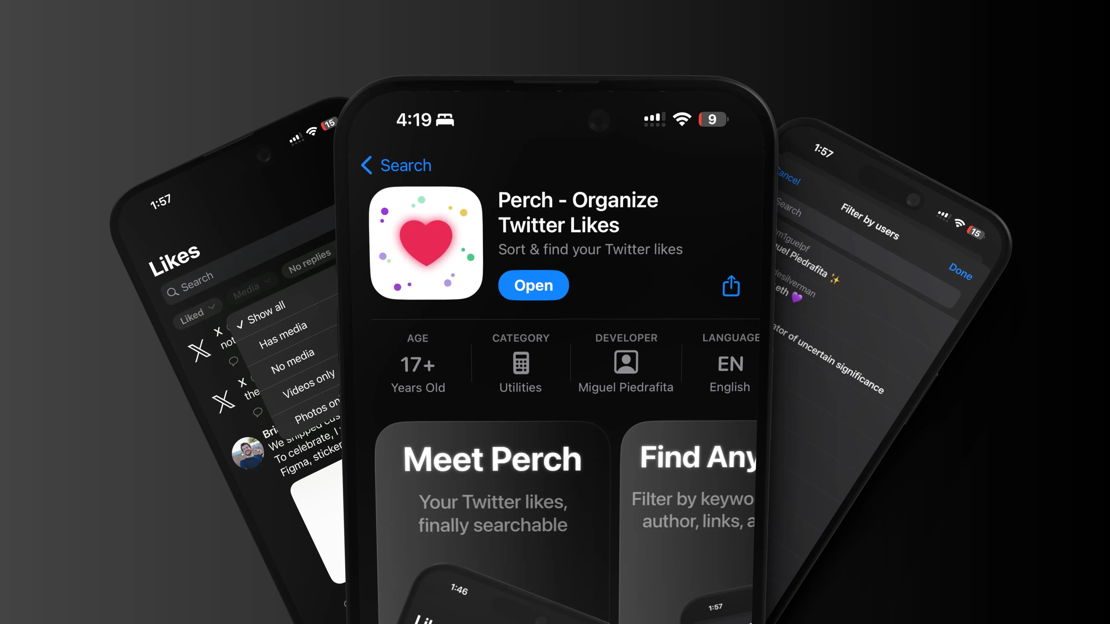 Promotional image for Perch – a refreshingly simple app for managing your Twitter likes, designed to make finding &#34;that one tweet&#34; a breeze.