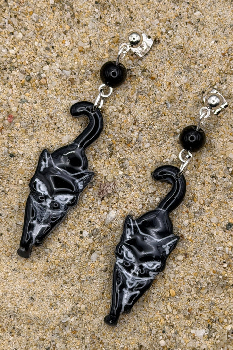Cat Lover - Black Kitty Dangle Earrings: Handmade, Hand-Painted Polymer Clay