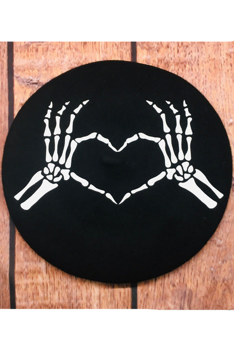 Vegan Felt Beret - Black - Skeleton Heart