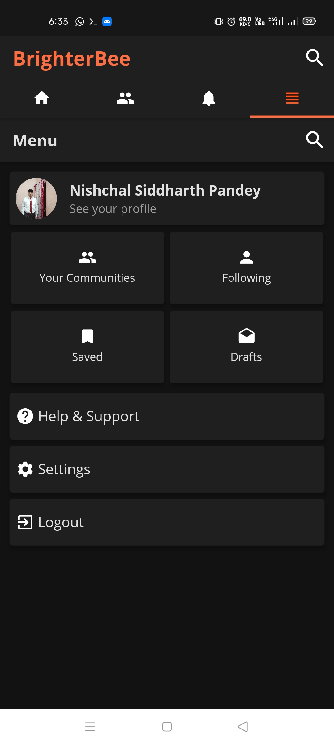 Dark theme more options screen