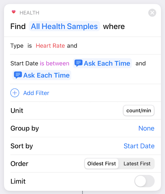 A screenshot of the "Find All Health Samples where" action