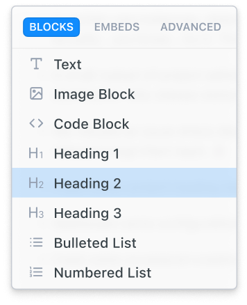 Markdown menu showing block options