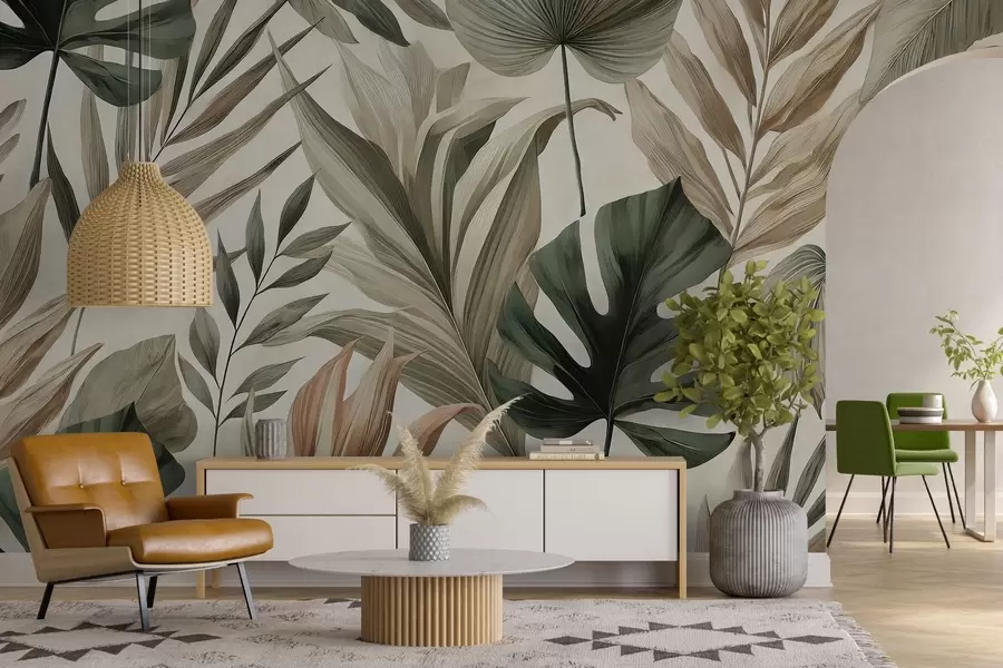 peintures murales Grandes feuilles tropicales dans des tons pastel délicats et sobres w02082