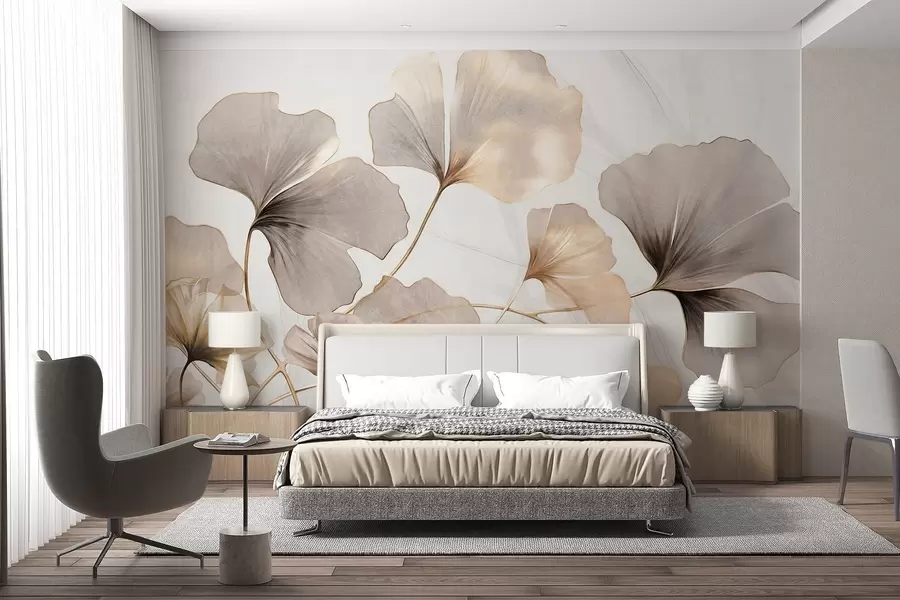 Wall Mural Photo Wallpaper Ginkgo biloba leaves in beige, yellow and brown tones, delicate textured watercolor effect, light background w09215
