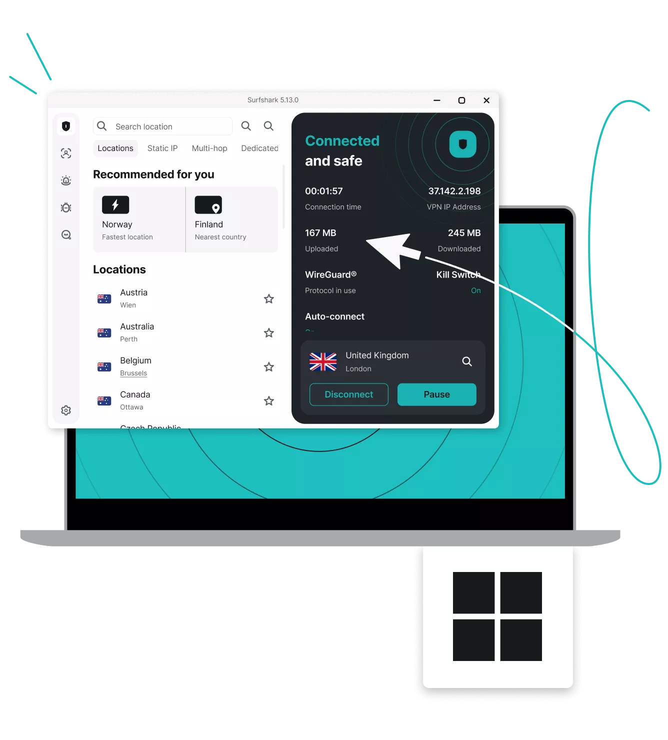 Surfshark VPN application window on a laptop screen showing a Connected and safe status with an arrow pointing to data.