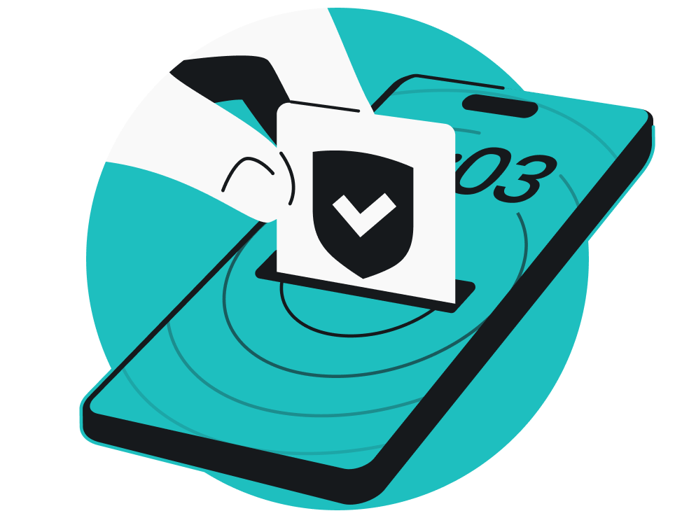 Hand inserting a card with a checkmarked shield into a phone.