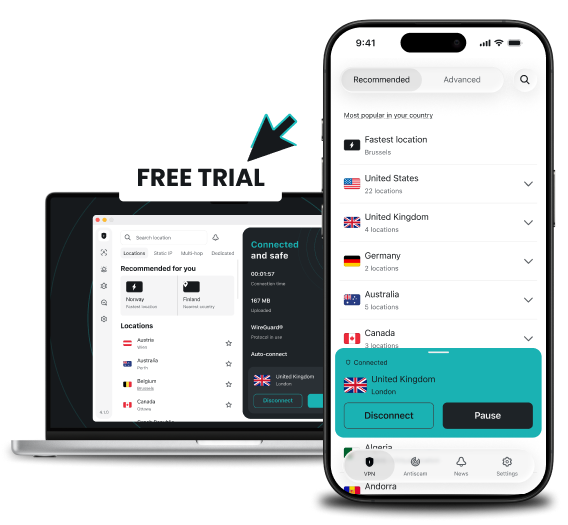 A laptop and a smartphone flank a Free Trial banner, with each device showing a list of locations within the Surfshark app.
